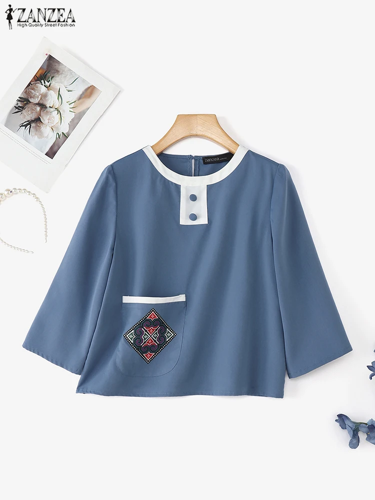 เสื้อผู้หญิง ZANZEA สไตล์วินเทจ พิมพ์ลาย มีกระเป๋า เสื้อเชิ้ตแขน 3/4 แฟชั่นปี 2025 สไตล์เกาหลี เรียบหรู เหมาะสำหรับใส่ทำงาน