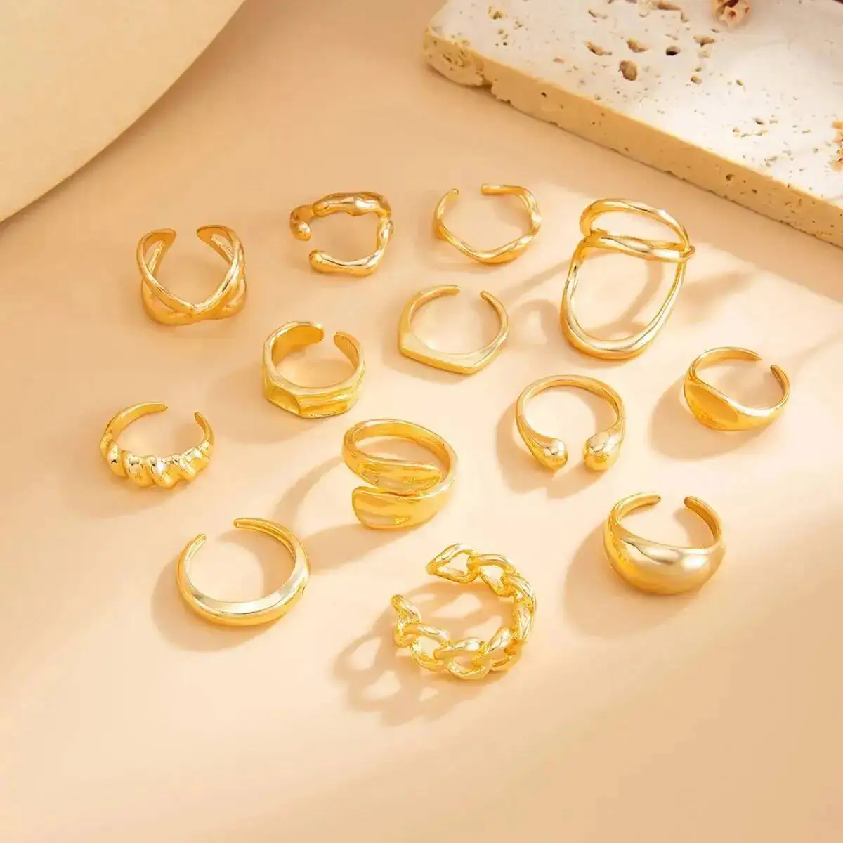 KunJoe 13Pcs/Set Smooth Metal Geometric Open Ring for Women Simple Irregular Chain Hollow Out Adjustable Rings Set Party Jewelry