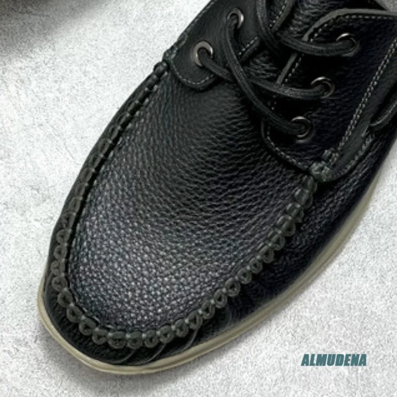 Street Style Men Black Leather Boat Shoes Mixed Stitched Lace-Up Outdoor Trendy Versatile Casual Comfortable Daily Shoes