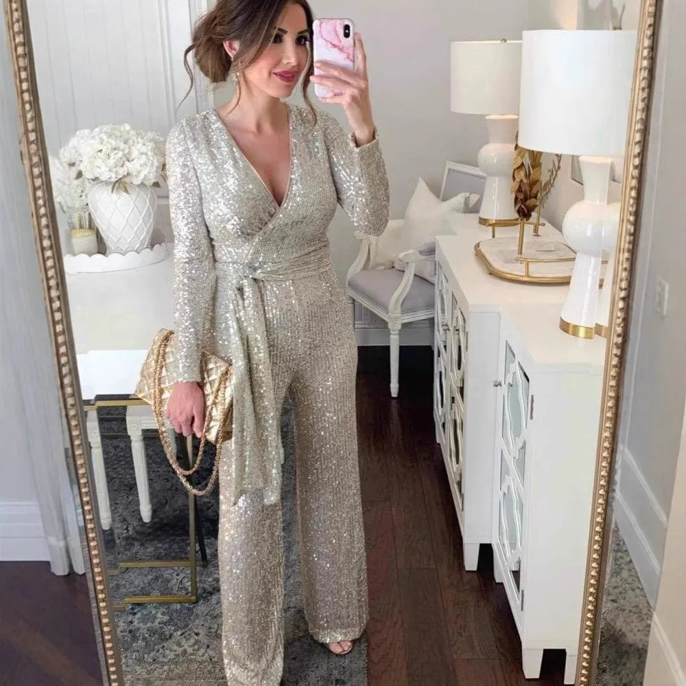 

New Women's Solid Color Fashionable V-neck Long Sleeved Shiny Pearl Clip Waist Jumpsuit 2025 Autumn