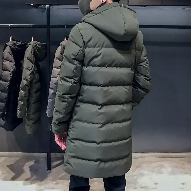 Jaqueta acolchoada monocromática masculina, Parka estilo longo, casaco com capuz à prova de vento, roupa de neve ao ar livre, clássica, grossa,