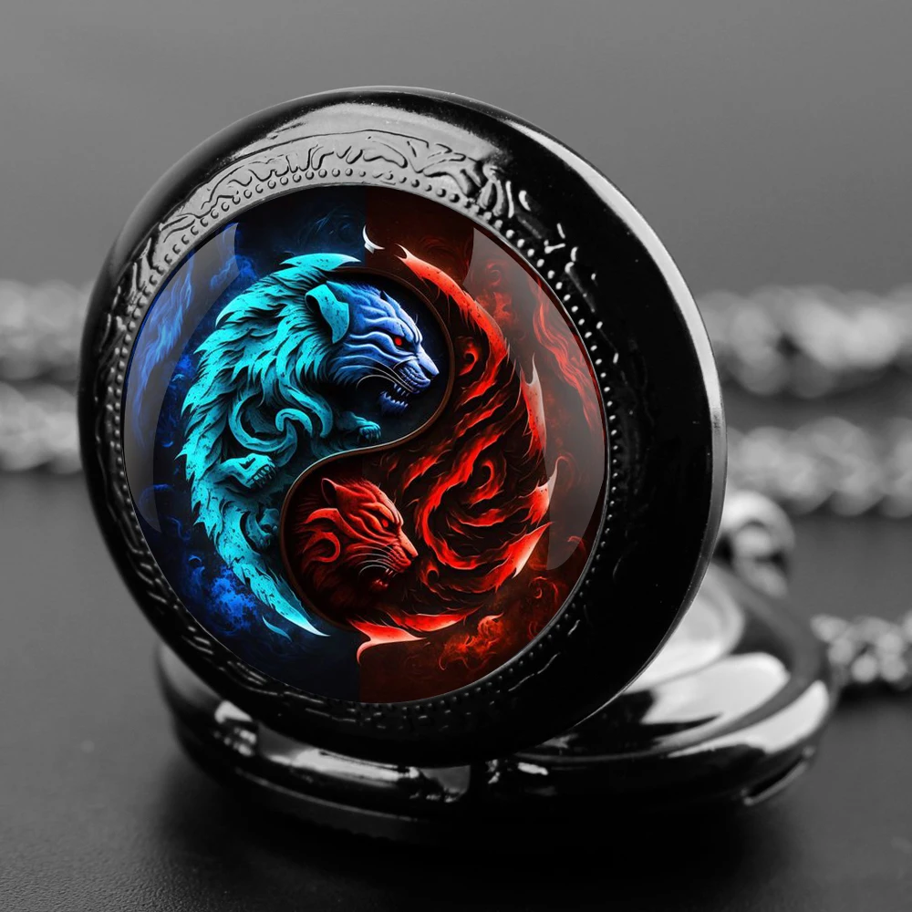 Reloj de bolsillo de cuarzo con diseño de León yin-yang para hombres y mujeres, pulsera con cadena duradera, esfera con números árabes, regalos creativos