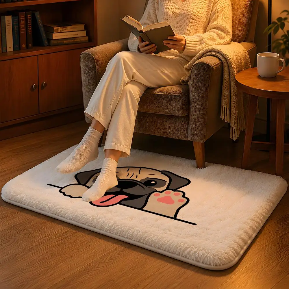 Cute Dog Waving Paw Floor Mat Soft Flannel Non-Slip Rug Washable Floor Mat for Living Room Bedroom Home Decor