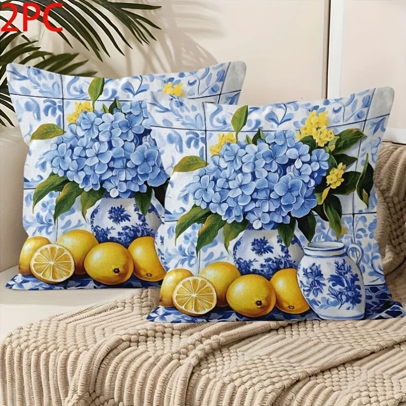 2pcs Hydrangea Lemon Blue and White Porcelain Throw Pillow Covers Summer Farmhouse Decor Cushion Cases