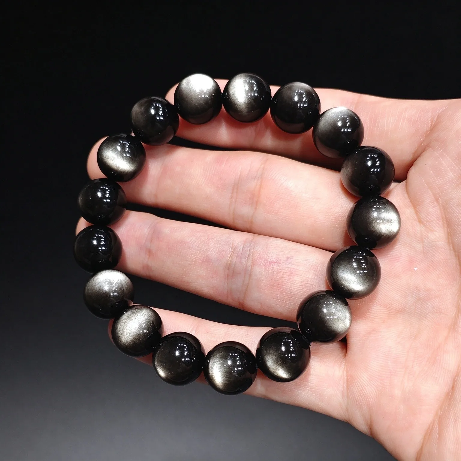 Women 12mm Natural Silver Flash Obsidian Bracelet Double Cat Eye Gemstone Spherical Bead Elastic Bangle Present for Sister