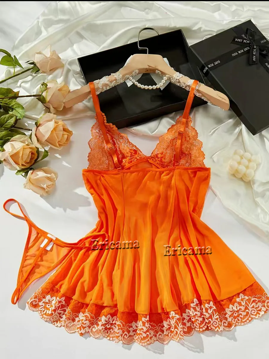 Contrast Lace Lingerie Set, Deep V Backless Bow Slip Dress & Thong, Women's Sexy Lingerie & Underwear for Koningsdag/King's Day