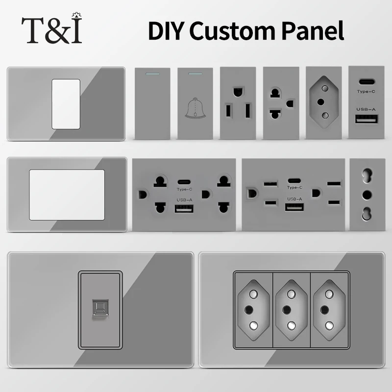 

T&I DIY Modular Wall Plate 2x4 inch with Tempered Glass – NEMA 5-15R Duplex Outlet & US/EU/Italy/Chile Socket Modules Combo