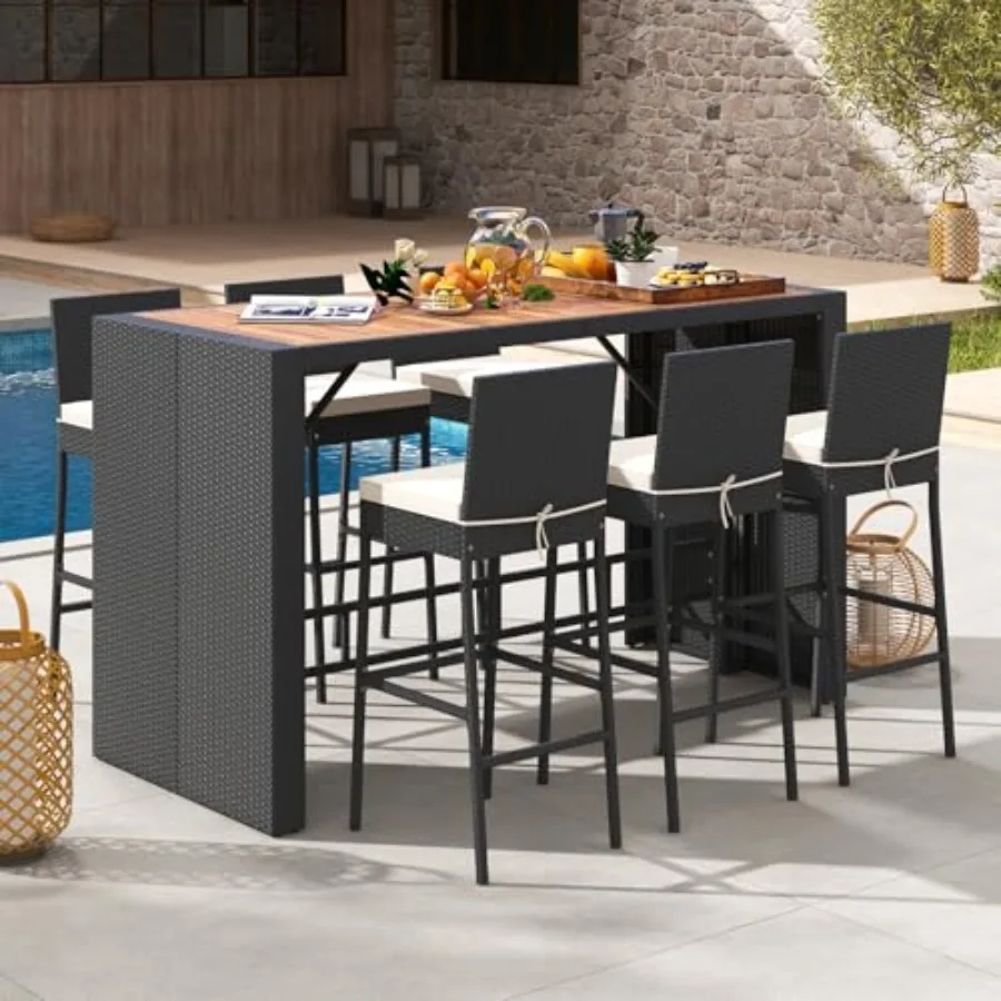 

7-Piece Outdoor Wicker Bar Set, PE Rattan Bar Height Dining Set with Acacia Wood Tabletop and Removable Cushions, Outdoor Wicke