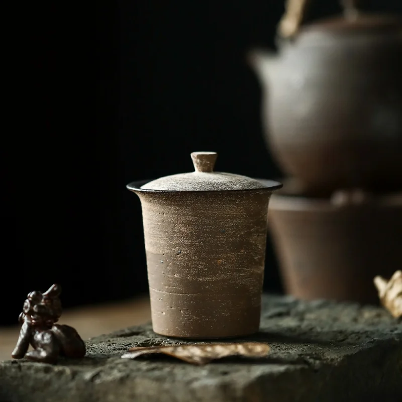 Mr. Qing, Young Pottery Art Works Stoneware Sculpture Clay Flavor Original Simple High Cover Bowl Kiln Treasure Tea Brewing Bowl