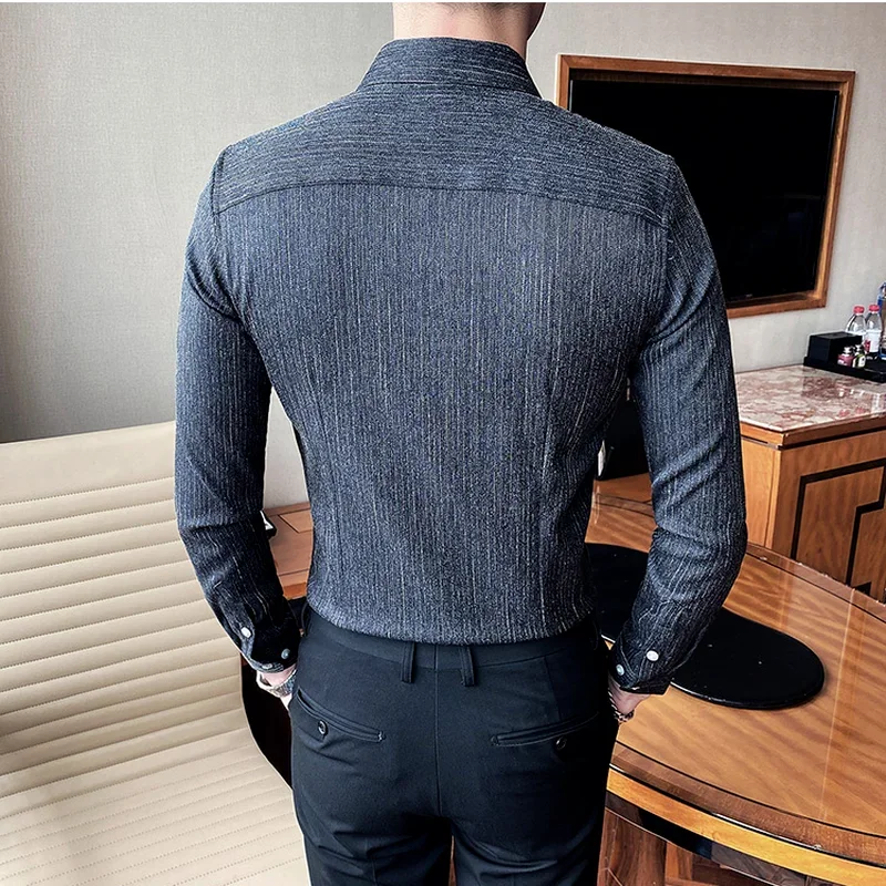 2024 New High Quality Striped Shirts British Style Long Sleeve Slim Casual Shirts Luxury Men Business Social Party Dress Shirt