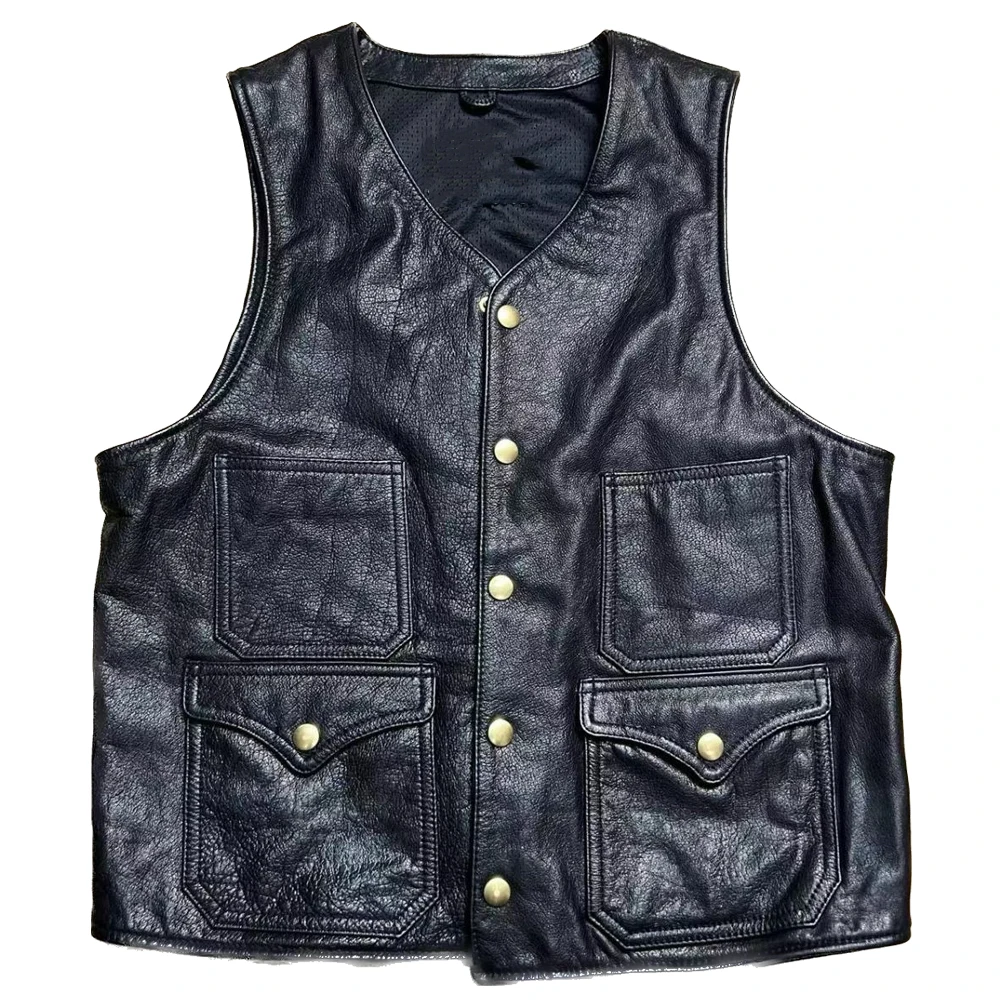 

Summer Cowleather Vest Mesh Sheer Inside Cowhide Made Genuine Leather Mens Motorcycle Veskit Waistcoat Riding Vests