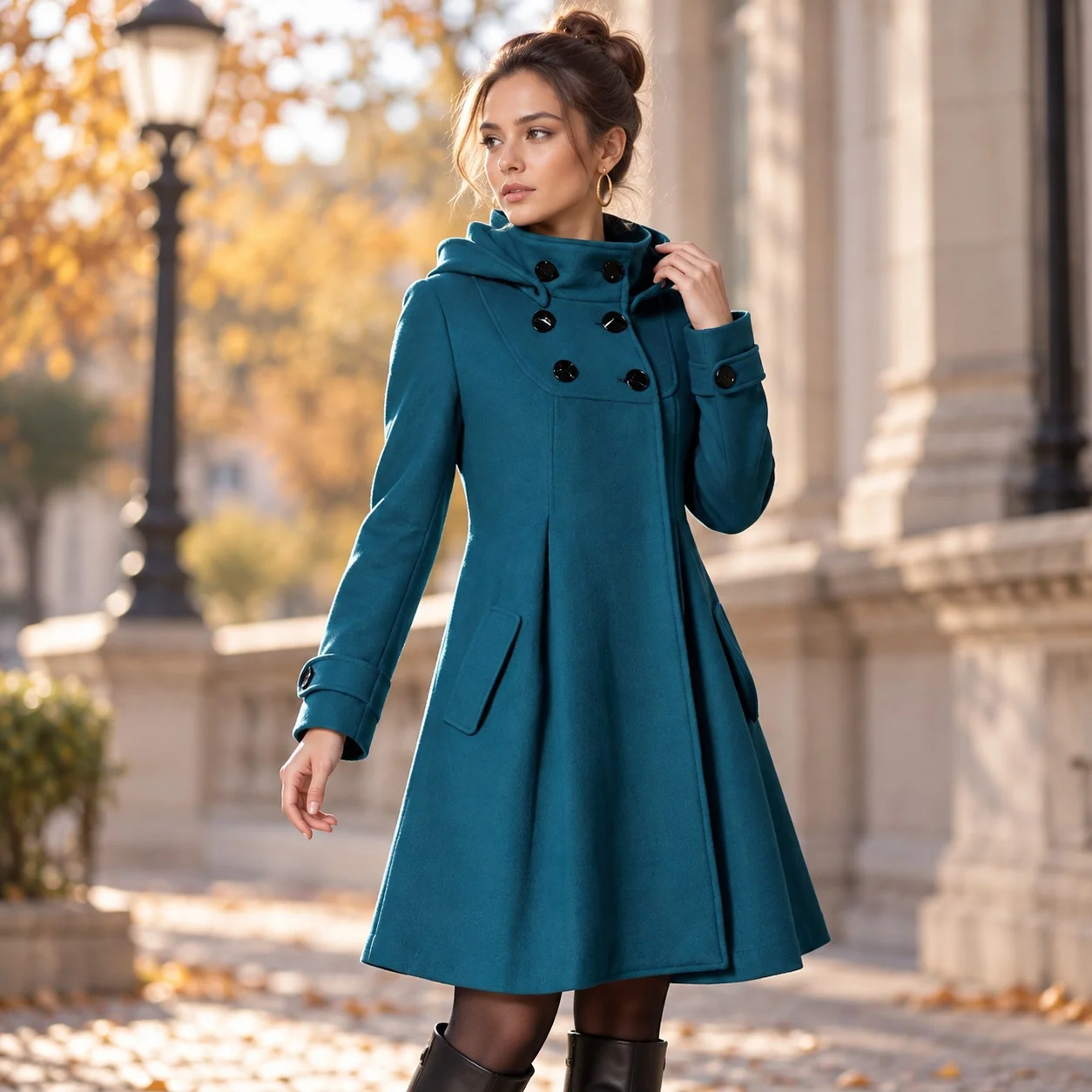 Hooded Long Sleeve Cape Style Sweet and Fresh Cape with Medium Weight Regular Sleeve Double Breasted Mid Length Women Coat