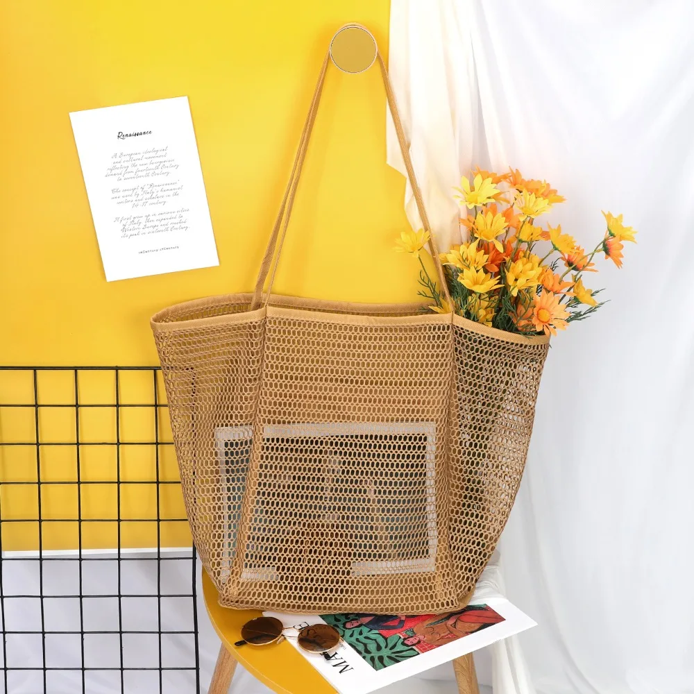 Mesh Beach Tote Bag Large for Women  Foldable Mesh Swimming Pool Travel Bags - Sandproof