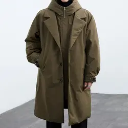 New Fake Two Pieces Long Hooded Long Trench Coat Men Korean Fashion Techwear Winter Coats Men Padding Men Winter Clothing