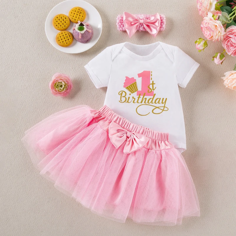 Baby Girl Cake Smash Outfit First Birthday Bodysuit Tutu with Headband Fluffy Toddler Girl Pink Tutu Princess Party Wear