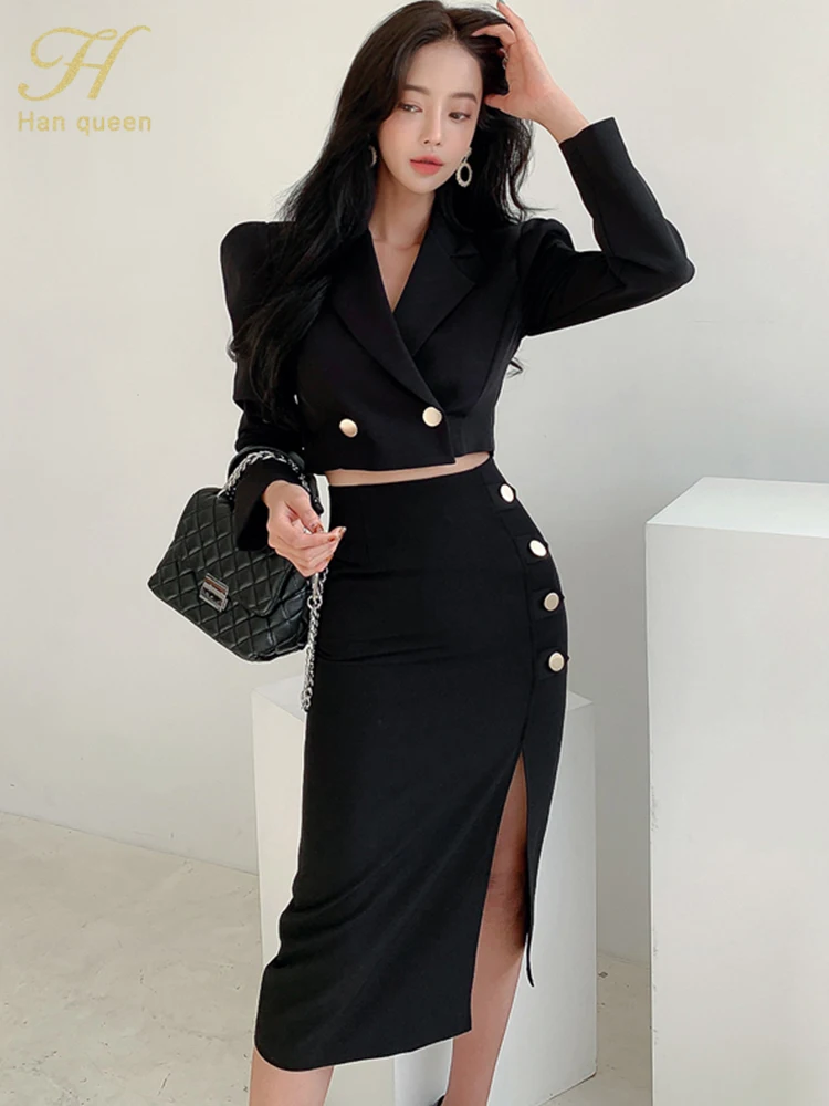 H Han Queen Hot Sale Spring Autumn 2 Pieces Set Women Cropped Blazer + Fork Pencil Skirts Casual Simple Office Lady Skirt Suit