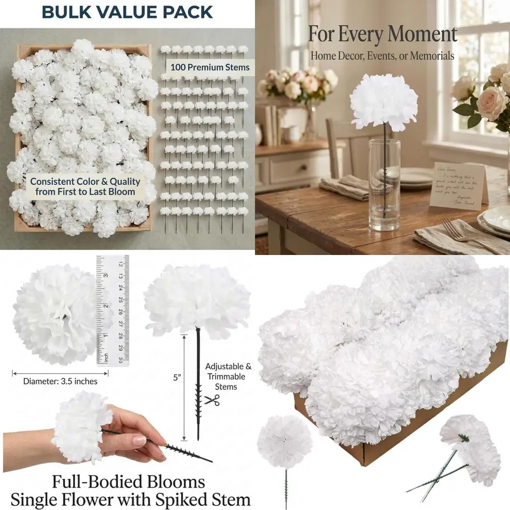 

Искусственные белые гвоздики для весеннего и пасхального декора, свадеб, цветочных композиций - 5 стеблей, 3,5 головки, 500 штук