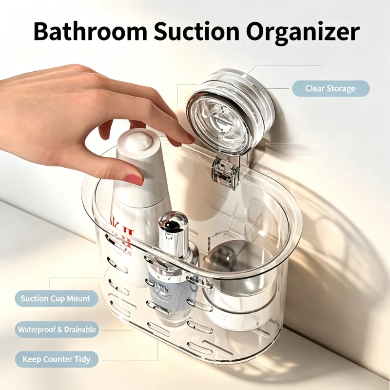 Wall Mounted Suction Cup Bathroom Storage Holder Punch Free Organizer for Facial Towels and Cosmetics in Washroom