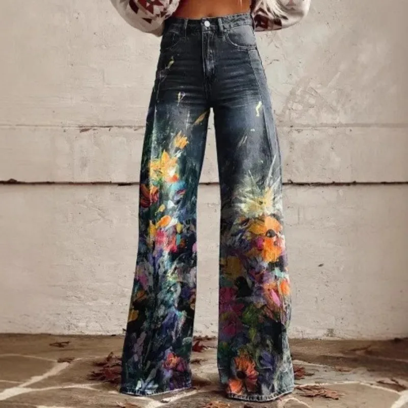 Cross-border Trade Amazon Women's Plus-size Imitation Denim Bestseller 3D Printed Casual Pants Wide-leg Pants Flared Personality