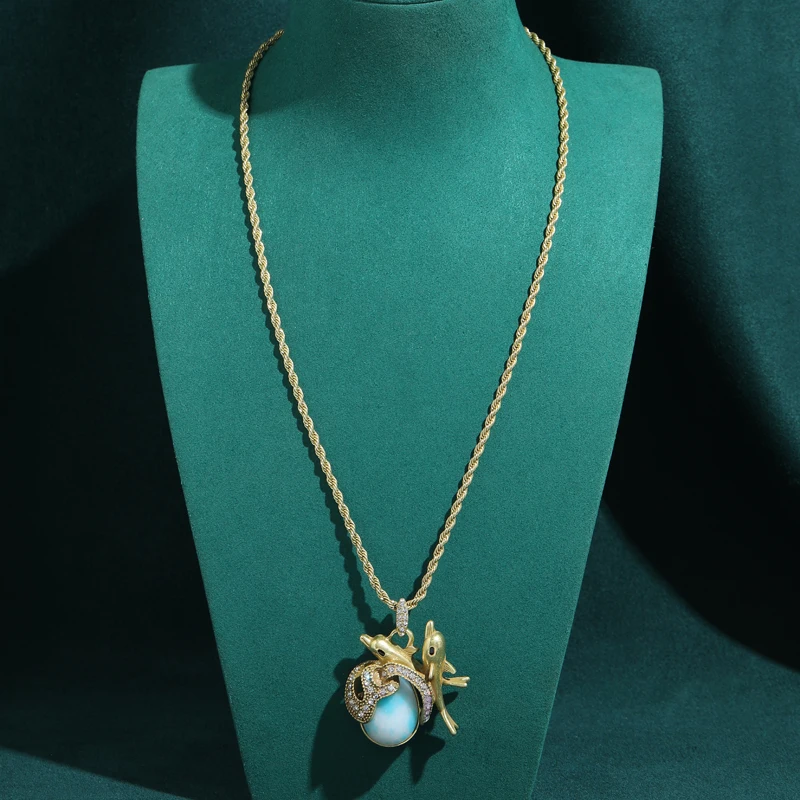Gold Color Vintage Turquoise Pendent Necklace Dolphins Unique High Designer Brands Jewelry Women 2026 Carnival Party Art Deco