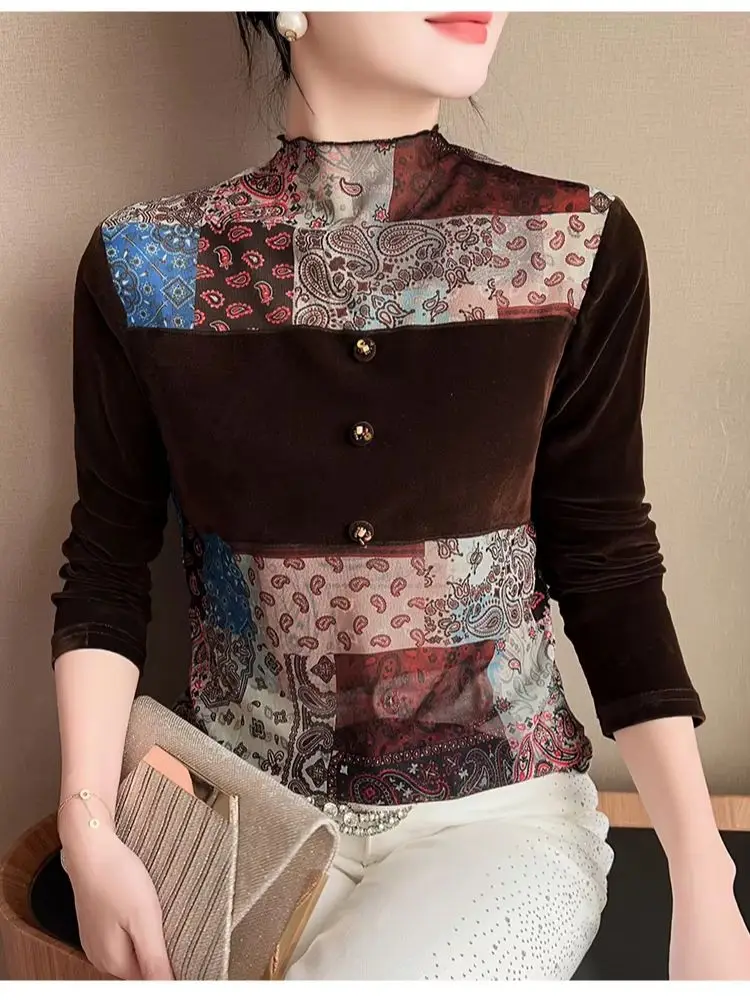 Women's Spliced Design Long Sleeve Velvet Mesh T-Shirt 2026 Autumn Niche Base Layer Top Chic Vintage Tee Elegant Streetwear