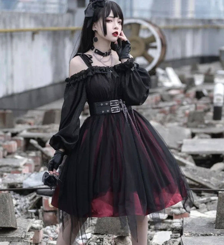 2026 جديد القوطية شبكة سوداء لوليتا فستان للنساء عالية الخصر مائل الرقبة الظلام الشرير الشارع الشهير خمر فستان حفلة الأميرة #4