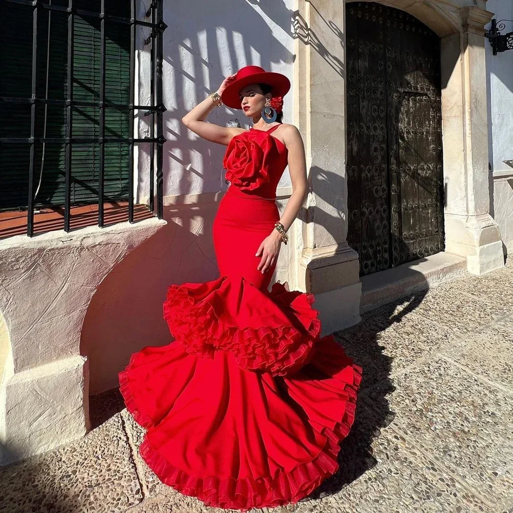 Spanish Red Mermaid Evening Dresses with Big Ruffled 3D Flower Puffy Tiered Bottom Long Formal Occasion Dress Wedding Party Gown