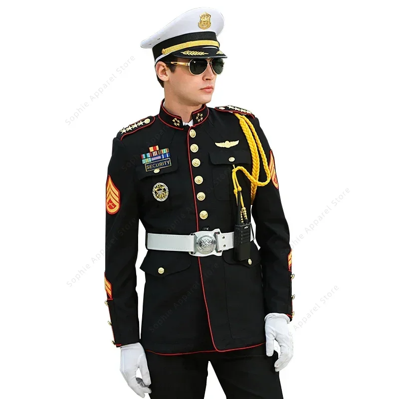 Black Mariner Style Standing Collar Jacket Security Guard/Concierge Uniform Coat Patches Badges Men's Deluxe Officer Costume