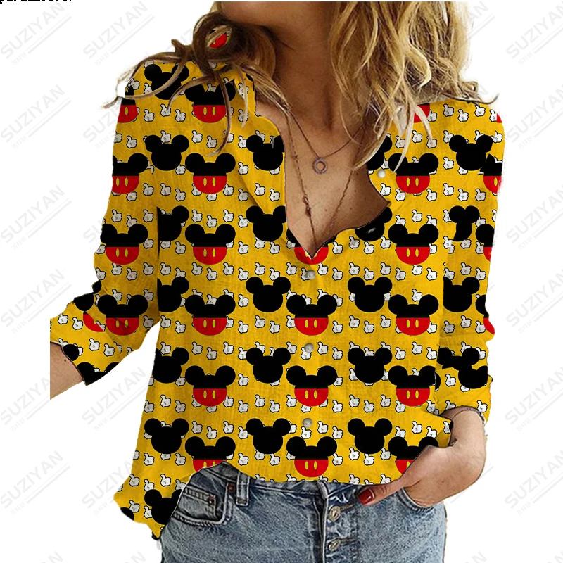 2023 New Disney Harajuku Slim Fit 3D Printing Women\'s Button Loose Long Sleeve Lapel Casual Cute Shirt Plus Size Y2K Michimini