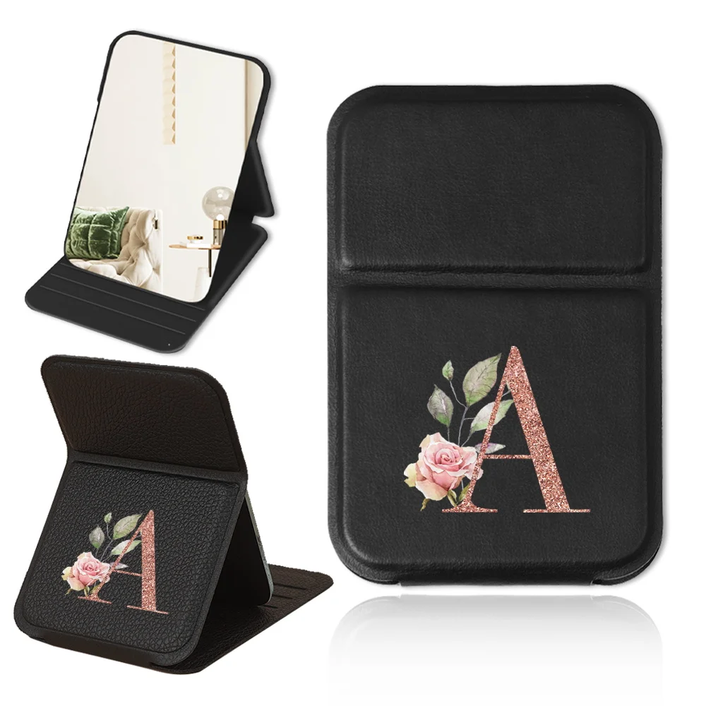 Pocket Handheld Cosmetische Spiegel Creatieve Pu Make-upspiegel Verstelbare Opvouwbare Desktop Spiegel Beauty Tool Rose Gold Letter Patroon