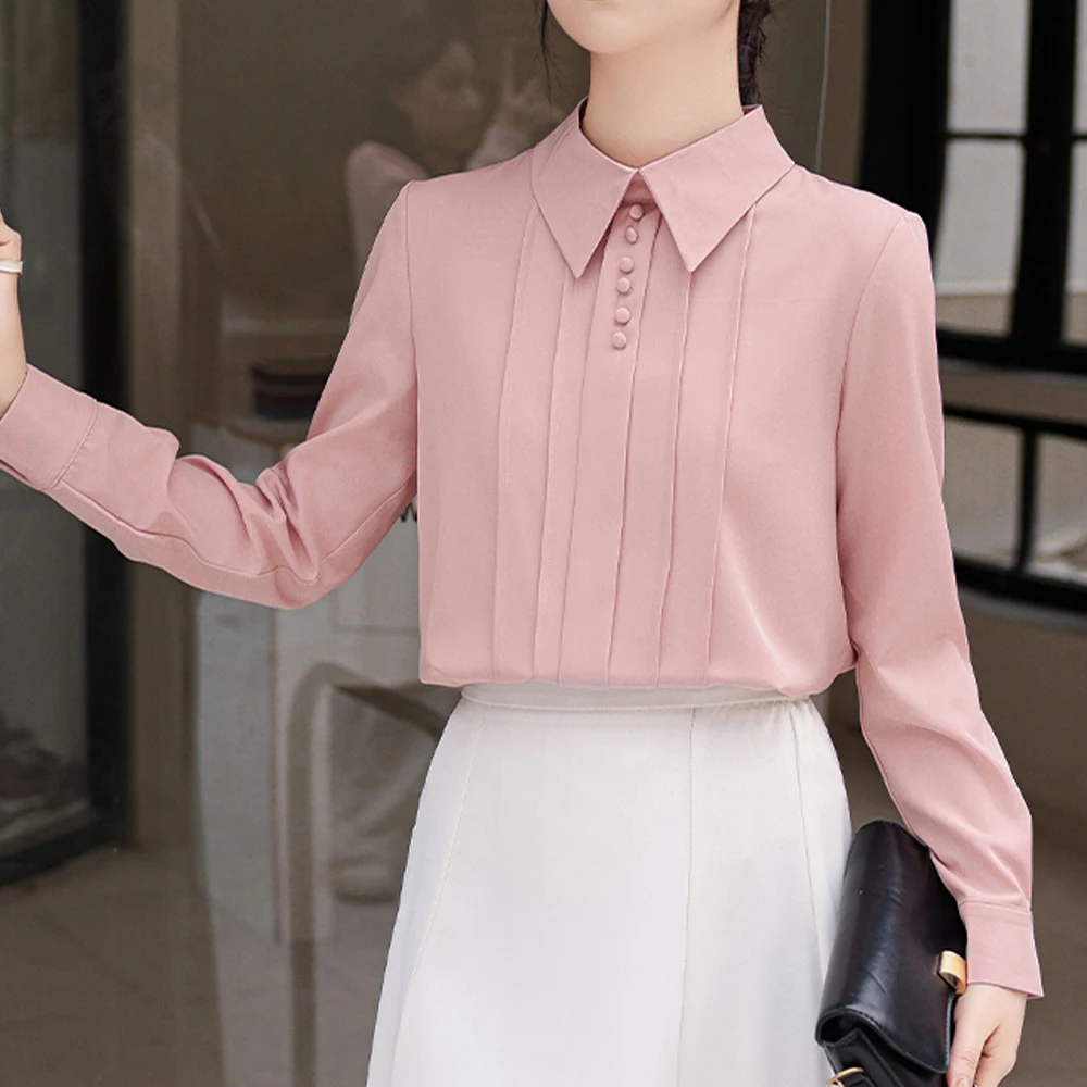 2024 Women\'s Cute Pink Tops Preppy Style Vintage Japan Korea Design Button Elegant Formal Pullover Shirts Casual Blouses Femme