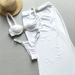 White Thong Micro Bikini Push Up Sexy Swimsuit Cover Ups Women Long Skirts Beach Wear Swimwear Sun Metal Buckle Bikinis Sets