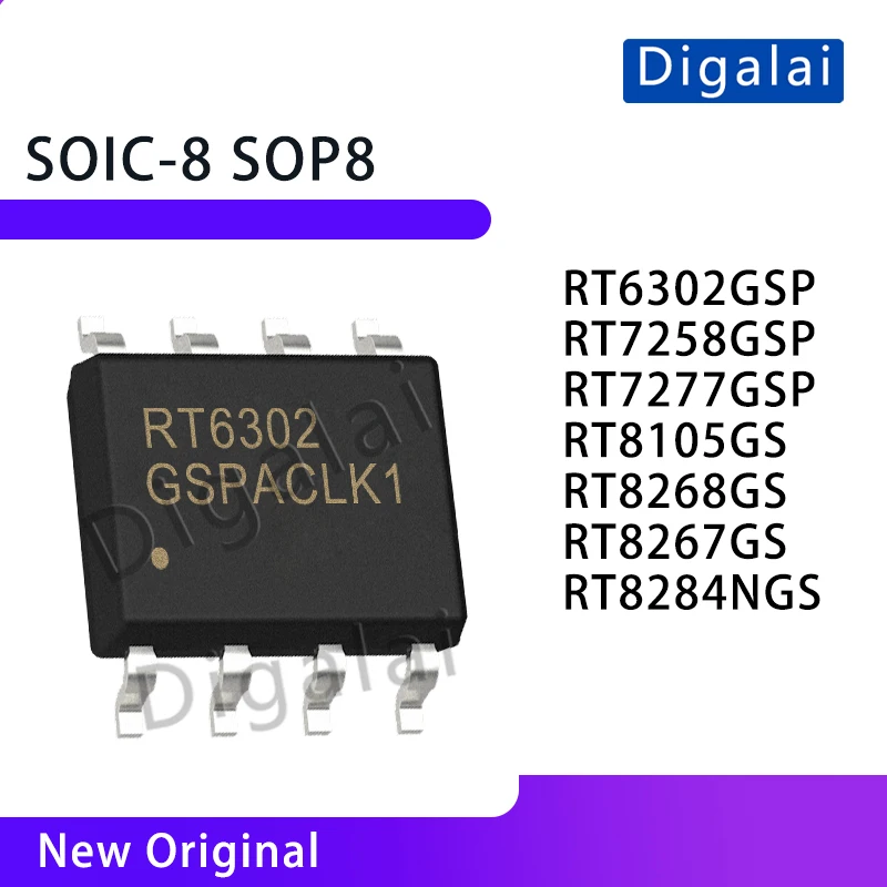

Микросхемы питания Digalai RT6302GSP RT7258GSP RT7277GSP RT8105GS RT8268GS RT8267GS RT8284NGS DC-DC, корпуса SOIC-8 и SOP8