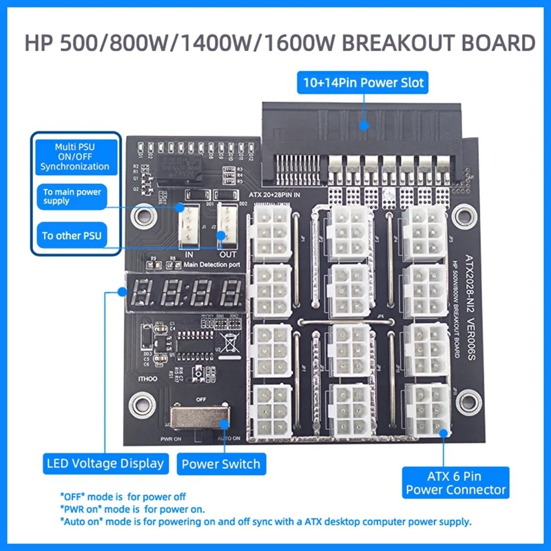 Top-Mining Breakout Board 12 Port 6Pin Connector Power Module For HP 500W 800W 1400W 1600W PSU For GPU Graphics Card