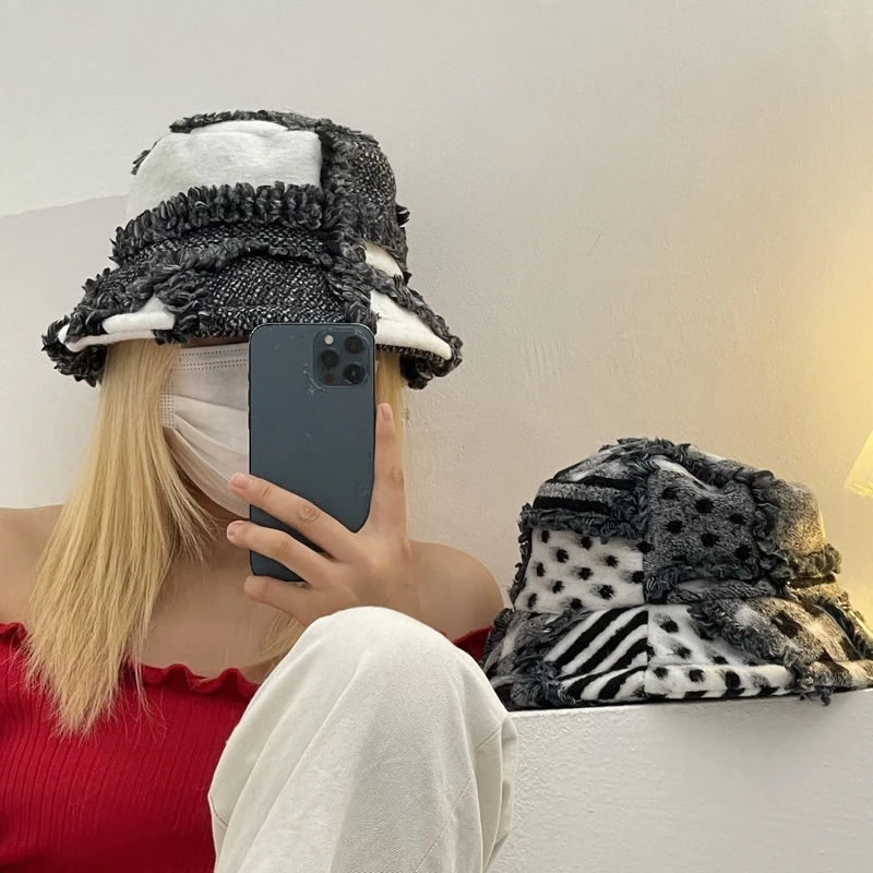 Autumn and Winter New Fashion Basin Hat Niche Design Polka Dot Patchwork Fisherman Hats Grey Lady Warm Bucket Cap