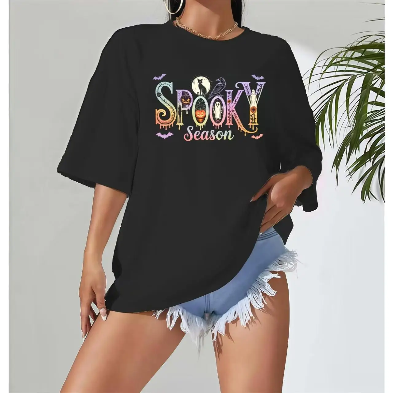 

"Spooky Season Halloween Graphic Tee | Colorful Ghost Pumpkin Bat Letter Print T-Shirt | Oversized Casual Fall Top"