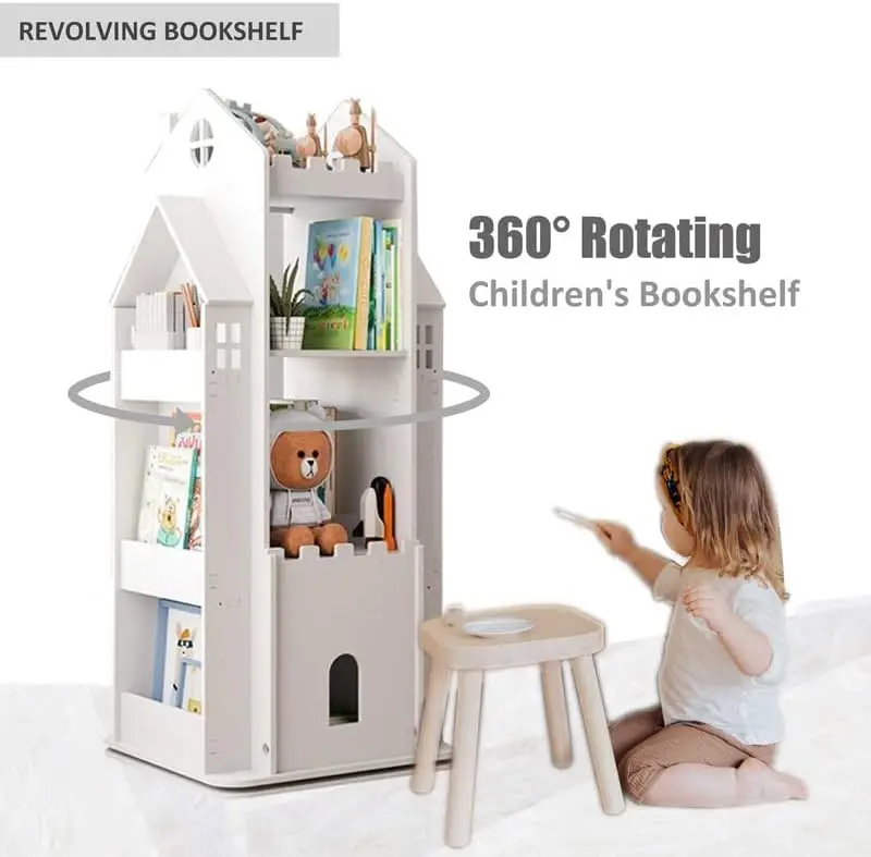 Castle White Rotating Bookshelf Toy Storage Organizer Rack Revolving Corner Bookshelf for Kids Toddler Children Home Office Furn