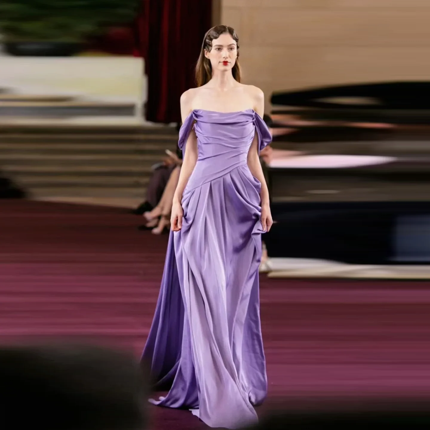 New Couture Pleats Long Evening Party Dress Flowing Off Shoulder Prom Gown Lavender A Line Formal Dresses Backless Maxi Dress