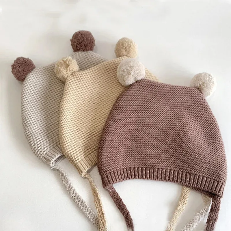 Autumn Winter Warm Knitted Baby Hat Soft Double Pompom Newborn Toddler Beanies Cap Solid Color Crochet Infant Girl Boy Bonnet