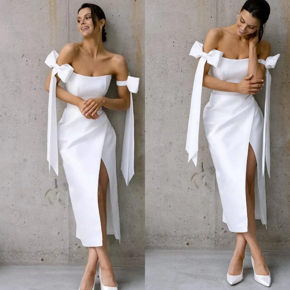 Customized White Satin Modern Sleeveless Fashion Wedding Dress Exquisite Bow Romantic Bridal Party Temperament Vestido De Novia