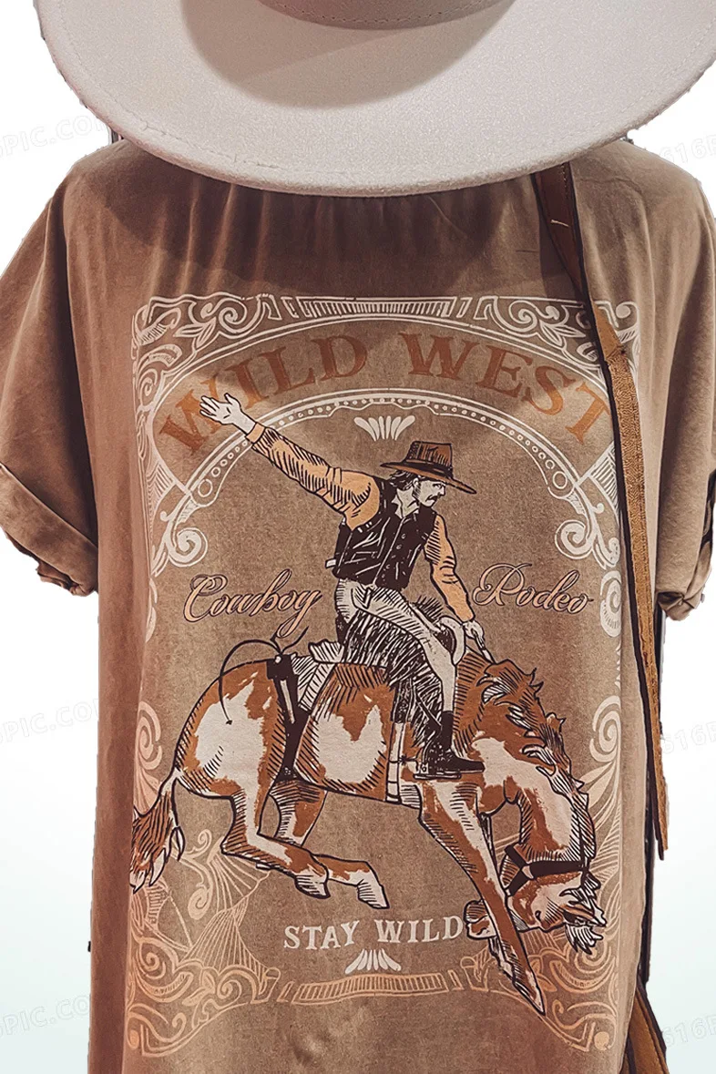 Cowgirl Fashion Round Neck Women T-shirt 2025 New Short Sleeve Streetwear Retro Summer Dress Distressed Print Cotton Dresses