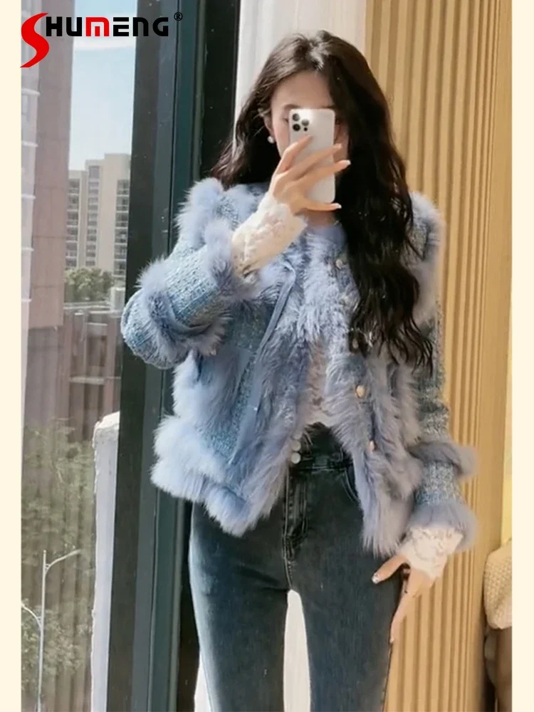 2024 Winter New Small Fragrant High-end Femininity Socialite Goddess Short Blue Faux Fur Jackets Ladies Long Sleeve Fur Coats