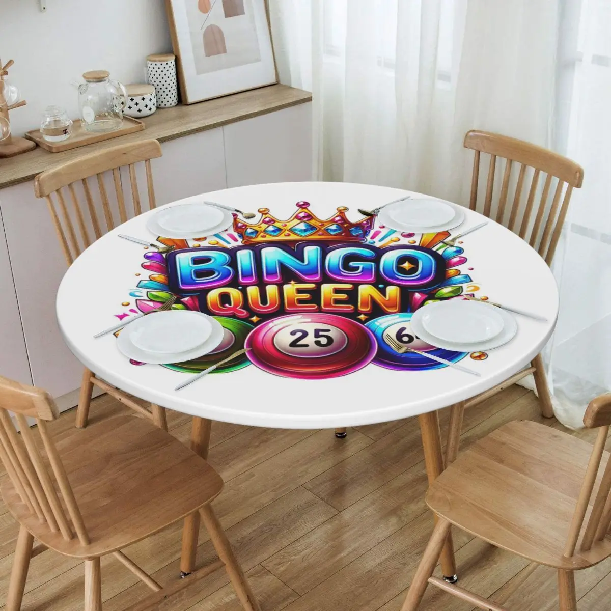 Bingo Queen Best Player Of Vacation Bingo Waterproof Round Tablecloth Oilproof Table Cloth for Kitchen Events Dining Table Cover