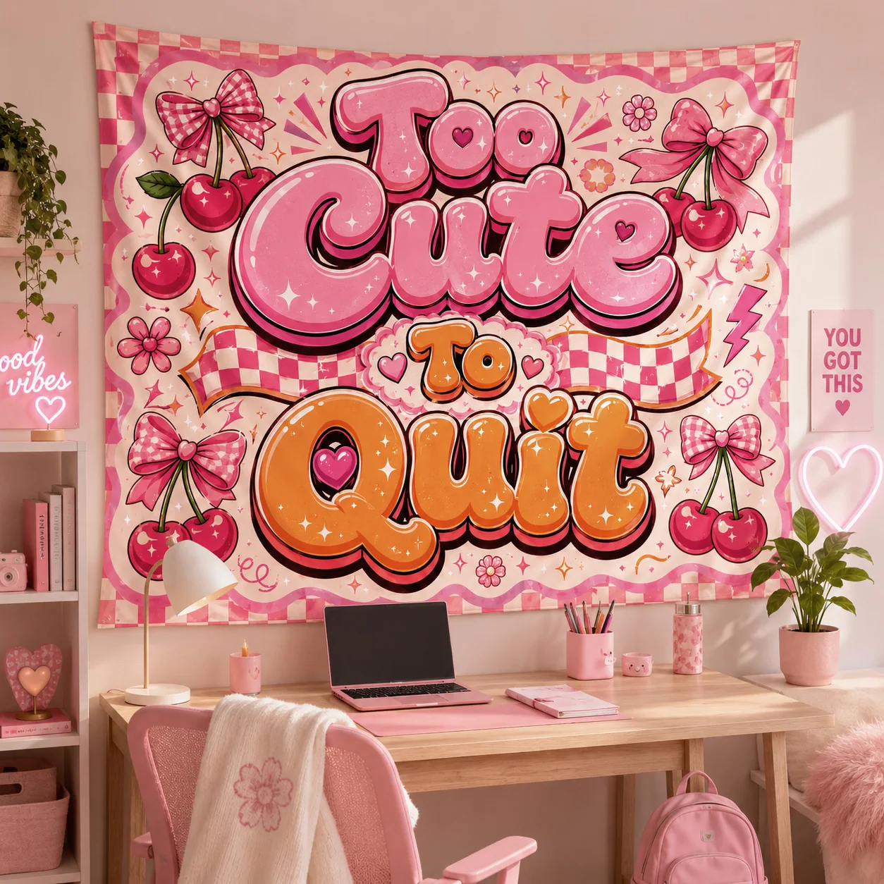 Too Cute to Quit Wall Tapestry Pink Y2K Cute Quote Hanging Decor for Dorm Bedroom Party Backdrop Gift