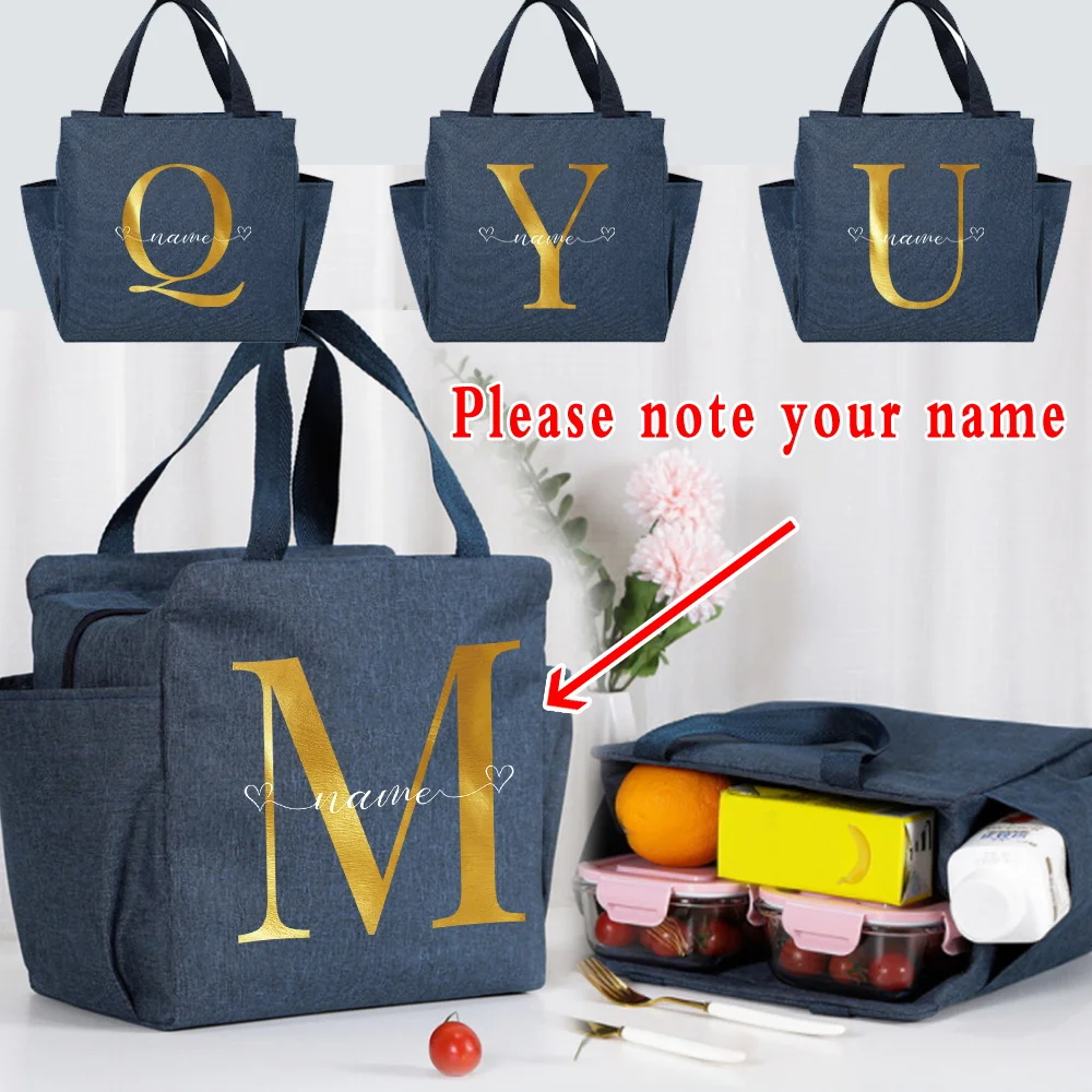 Thermal Lunch Dinner Bags Canvas Handbag Picnic Travel Breakfast Box Child Lunch Bag Customized Name Letter Tote Food Bag