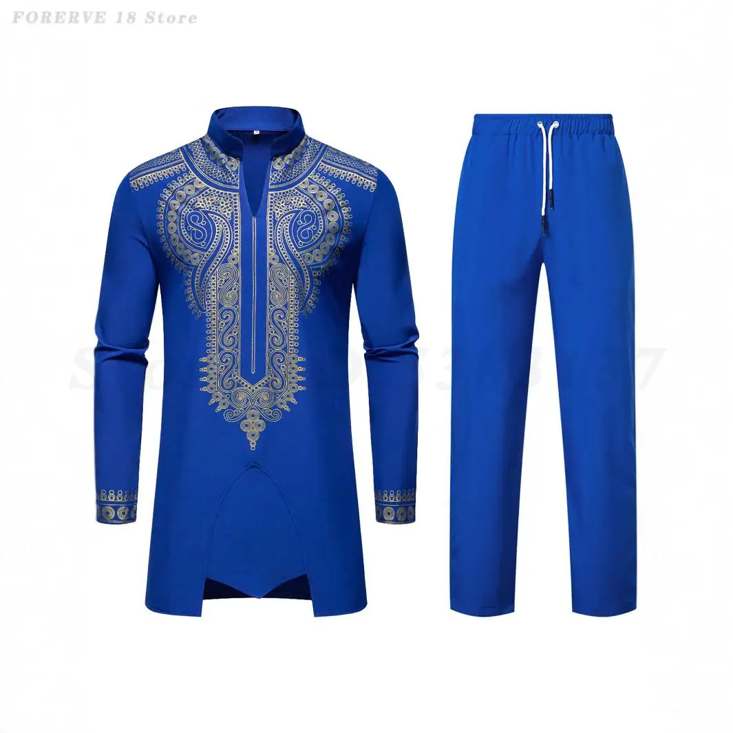 Fashion African Clothing Retro Ethnic Style Muslim Robe Trousers Suit Men Traditional Print Golden Flowers Shirt Cosplay Costume