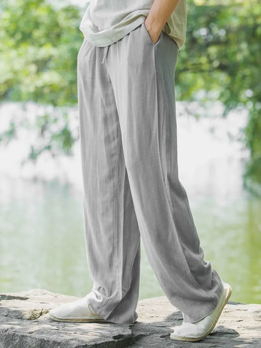 Summer Men's Loose Wide Leg Cotton Linen Pants Ice Silk Thin Straight Tube Casual Trousers Comfortable Breathable Lightweight