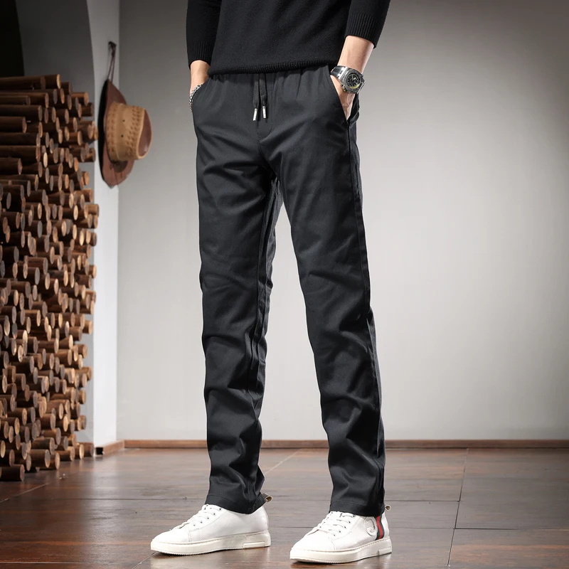 Autumn Casual Black Straight Pants Men Korean Style Social Slim Fit Elastic Waist Drawstring Trousers