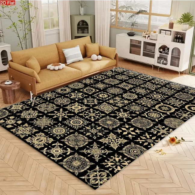 Black Background Gold Vintage Ornamental Mandala Tile Pattern carpet flooring, Antique European Medallion Art Print Area Rug for Living Room Bedroom Home Interior
