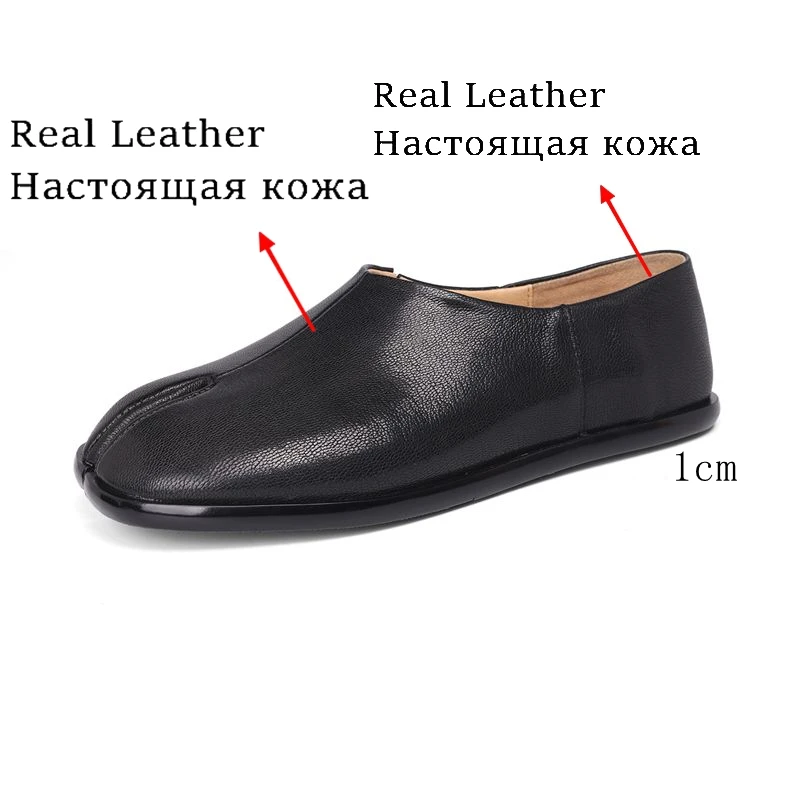 ANOVISHANA Brown Inside Outside Genuine Leather Women Flats Split Toe Slip On Loafers Casual Daily Soft Shoes Large Size 41 42